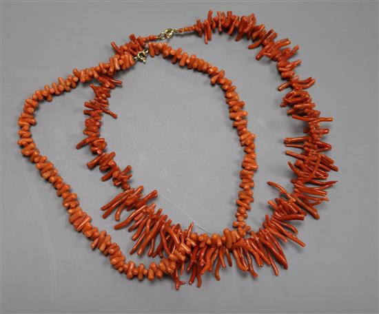 Two coral necklaces with 9ct clasps,